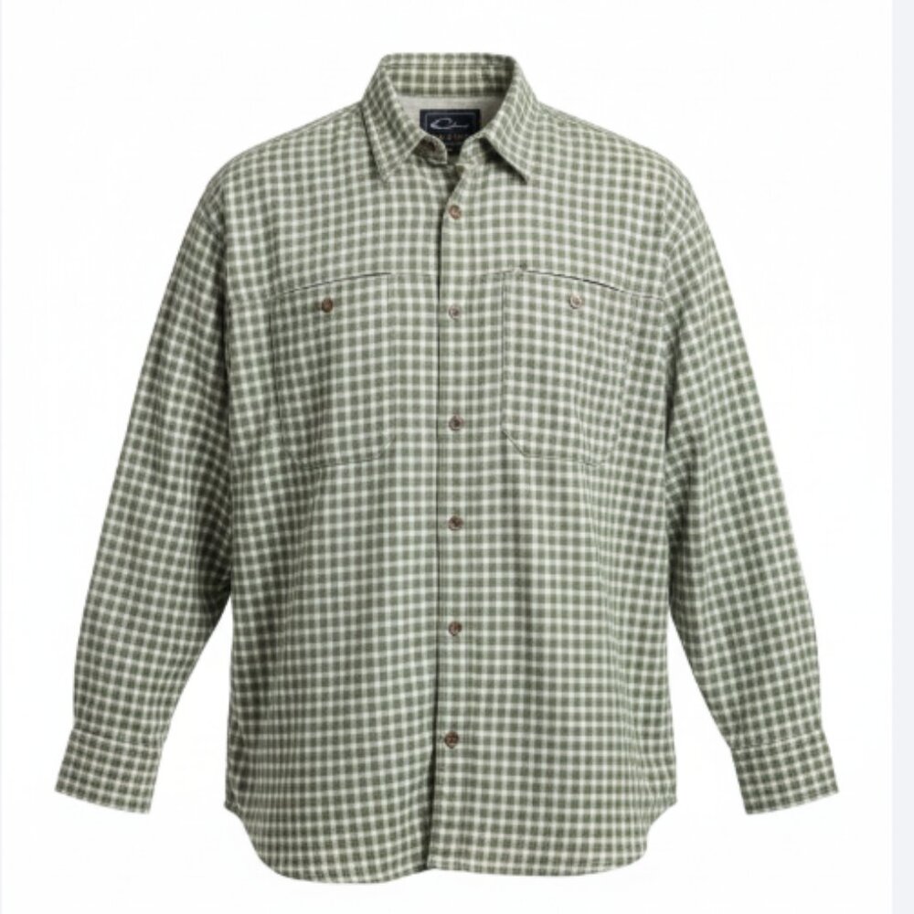Drake Men’s Fishing Shirt Large Green Plaid Lightweight Vented Outdoor